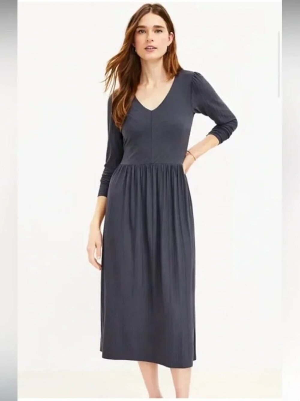 LOFT Long Sleeve Midi Dress 14 Gray Blue A-line Office Career Work Cottage
